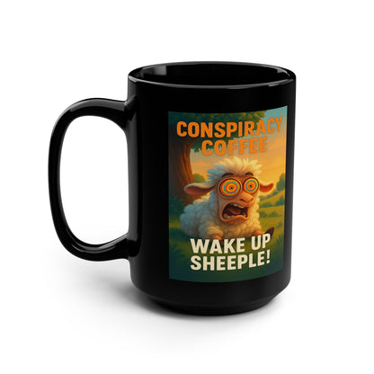 “Wake Up Sheeple!” Conspiracy Meme Black Mug, 15oz